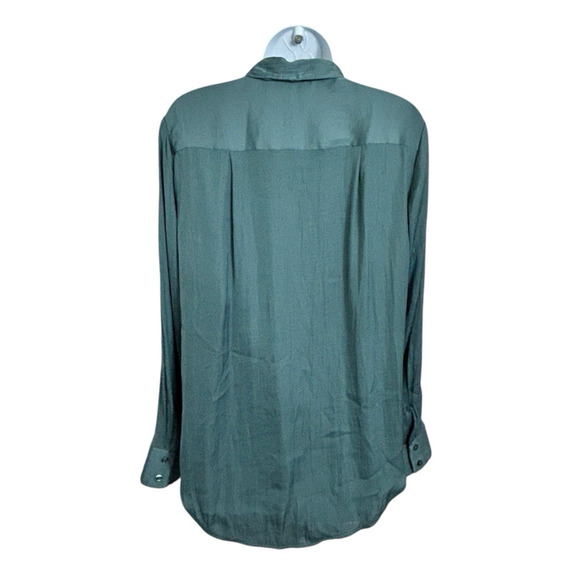 A New Day Silky Dark Green Button Front Shirt Sz M Long-Sleeve Blouse Pockets - Picture 5 of 6